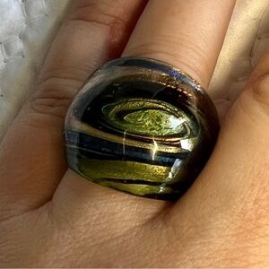Murano Style Green Swirl glass ring. Size 7.